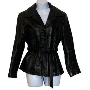 VTG Maxima By Wilsons Black Leather Button-Front Jacket Belted Waist Womens SZ S